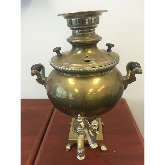 Antique Vintage Russian Brass Samovar Wood Handles Peacock Rooster Spout - Picture 7 of 10